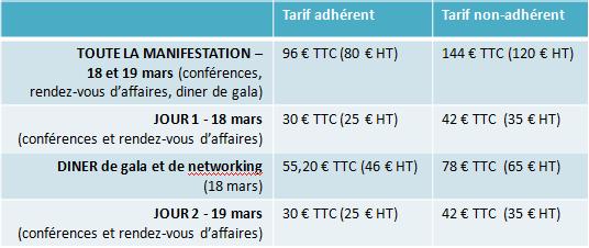 Tarifs convention d'affaires 2014